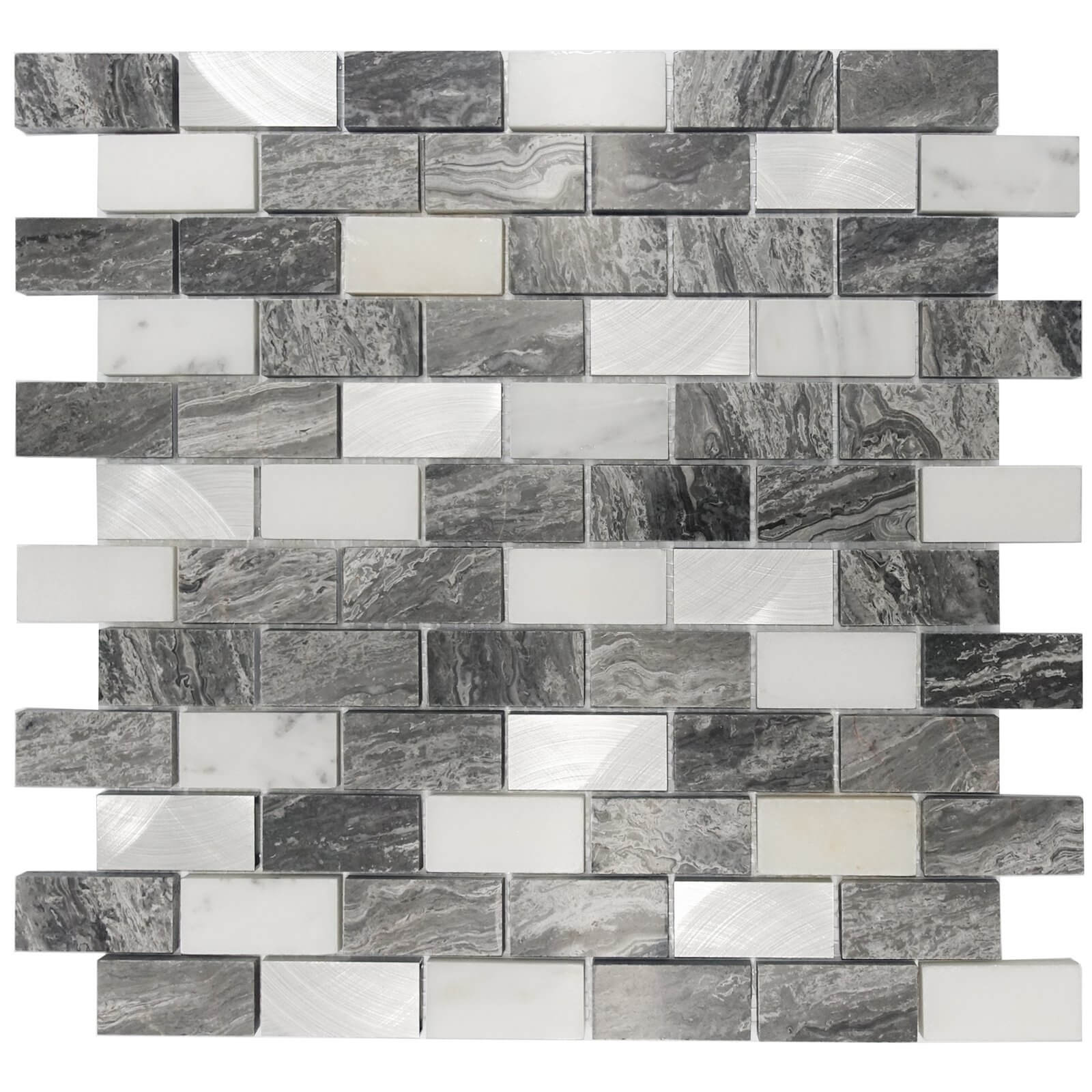 Luxe mosaic tile sheet featuring a blend of gray, white, and silver marble pieces in various rectangular shapes, showcasing a polished finish and unique veining patterns.