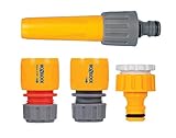 Yellow and gray Hozelock hose fitting starter set with connectors and spray nozzle.