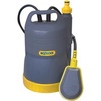 Blue and yellow Hozelock submersible water pump with handle, hose connector, and attached float switch.