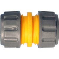Gray and yellow Hozelock hose pipe connector with ribbed grips and central joiner for repair and connection.
