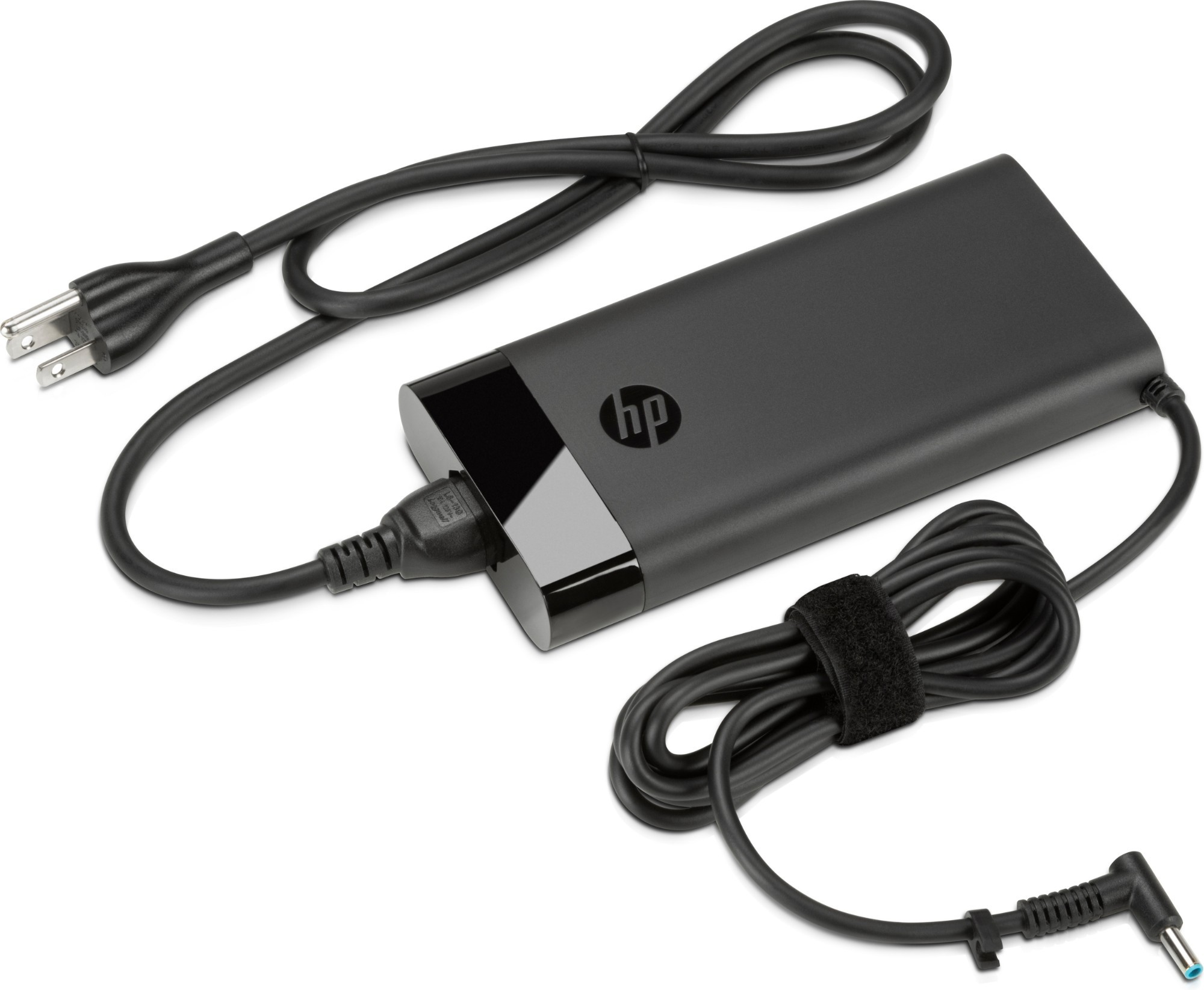 Black HP 200W Slim Smart AC Adapter with a glossy finish, featuring a 4.5mm connector and two cables, one with a plug and the other for connection to a device.