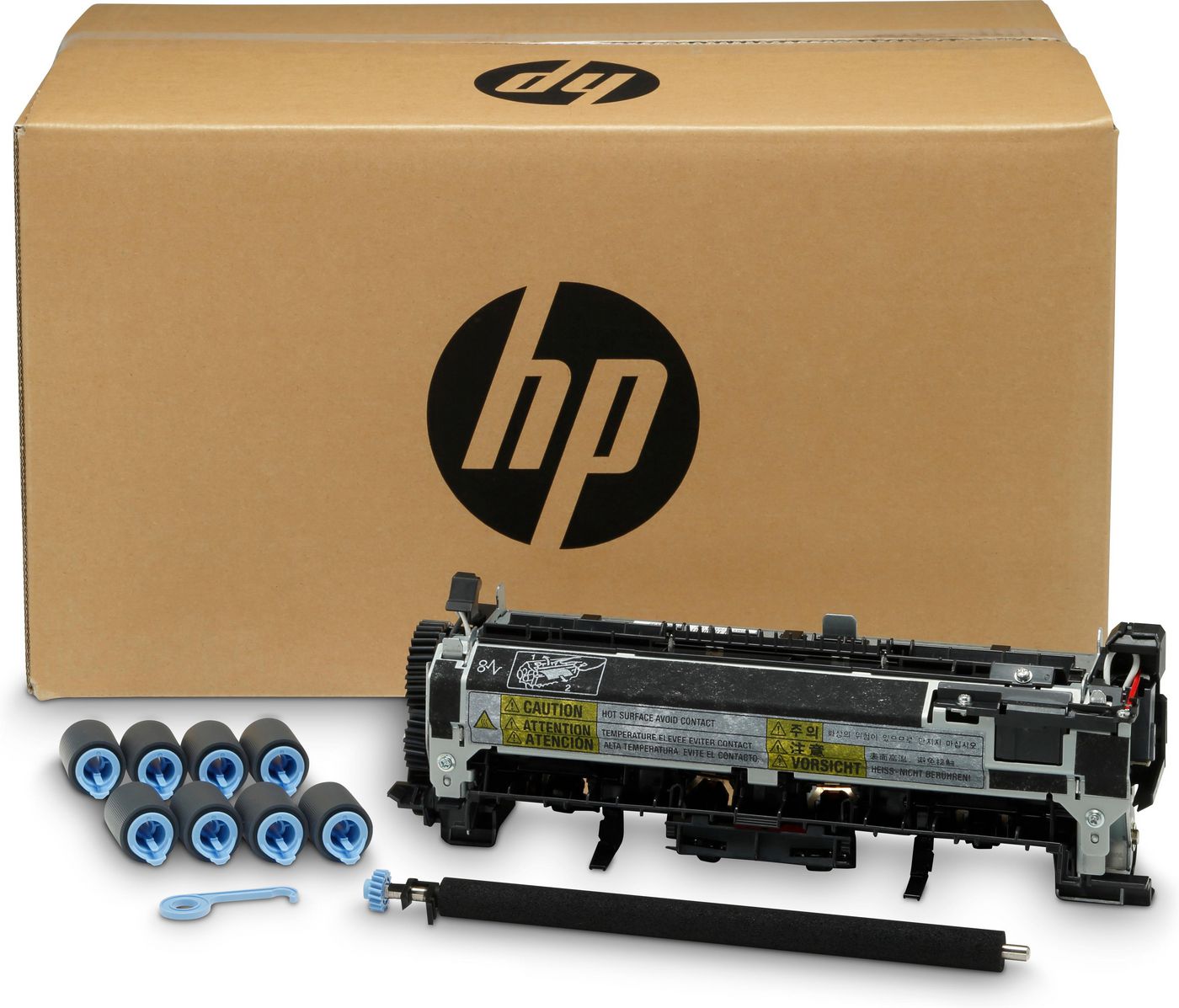 HP Maintenance Kit for Enterprise Flow M630, featuring a black printer roller assembly, six blue rollers, a cleaning tool, and a large brown cardboard box with the HP logo.