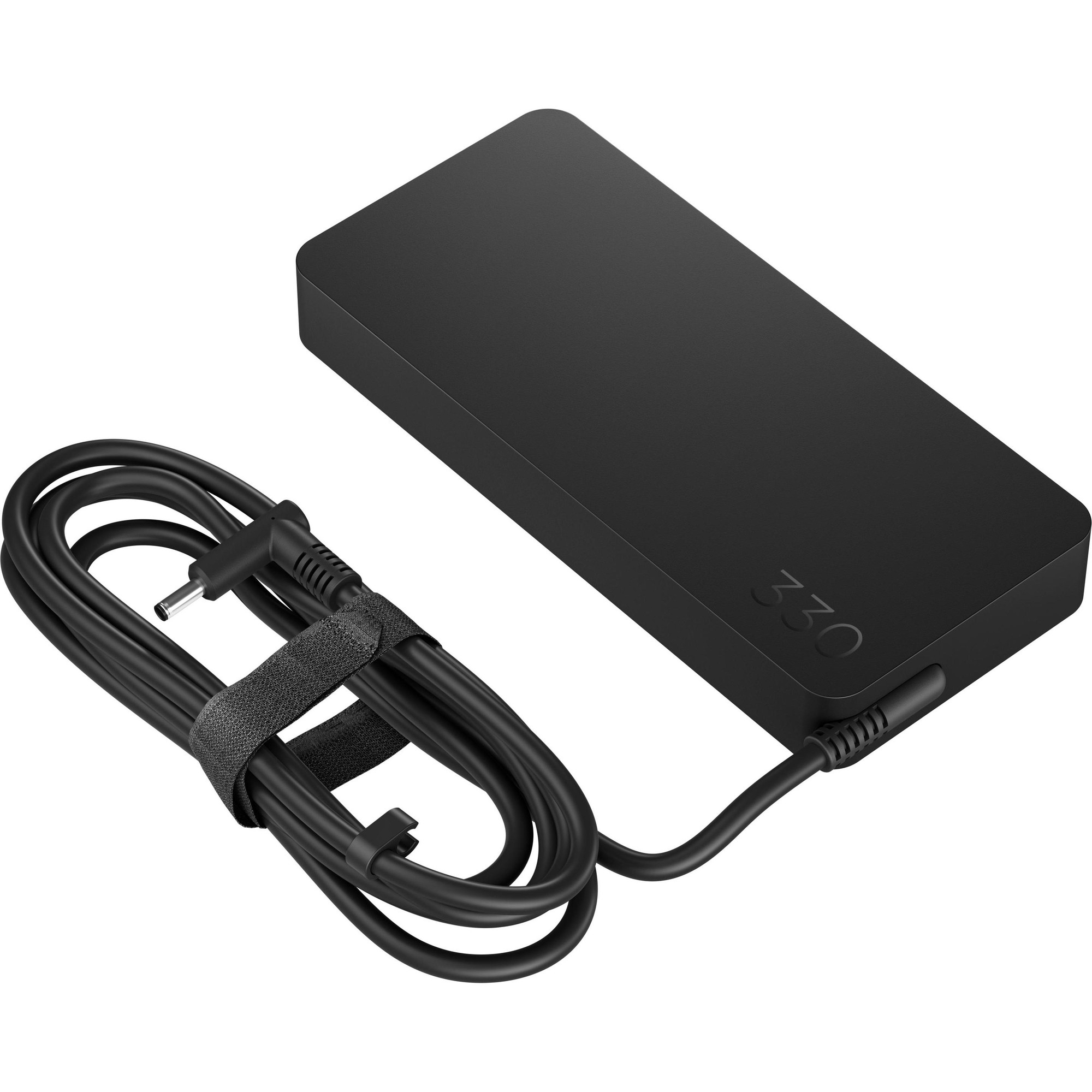 Black HP 330W power adapter with a sleek rectangular design, featuring a long cable secured with a strap and a connector for power input.