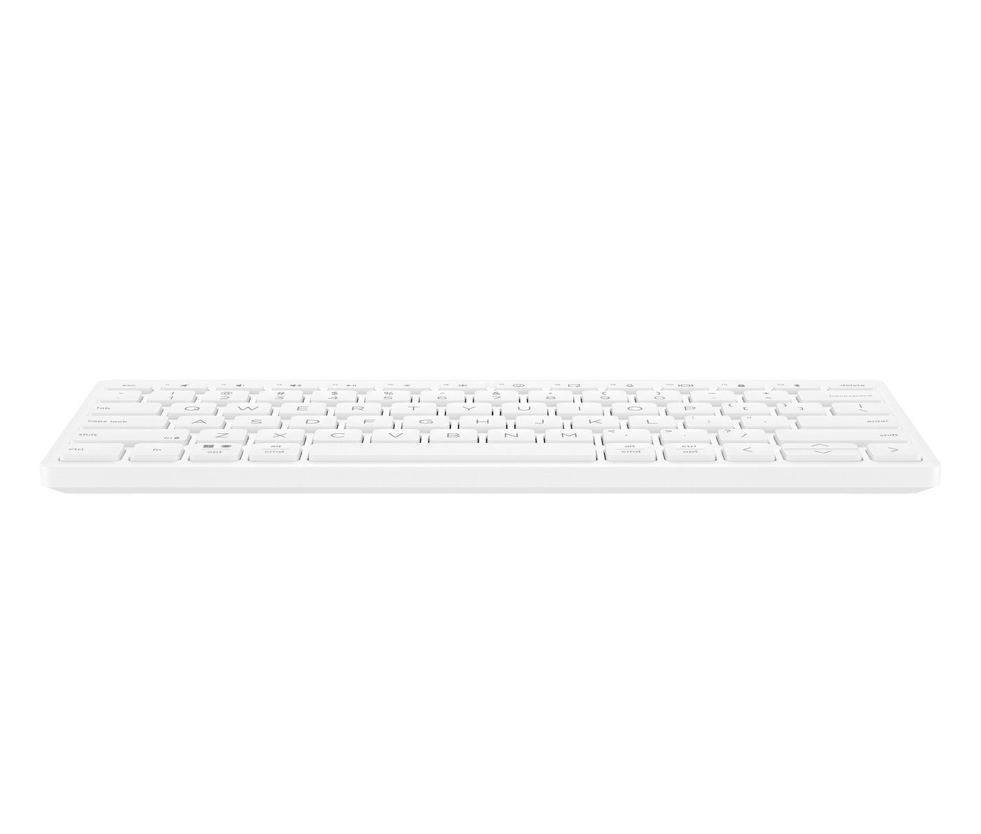 Sleek white wireless keyboard with a compact design, featuring low-profile keys and a minimalist layout, ideal for multi-device connectivity.
