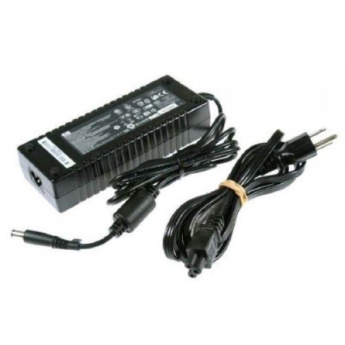 Black HP 397803-001 power adapter with a rectangular design, featuring a label on top, and two attached cables: one for power connection and another for device input.