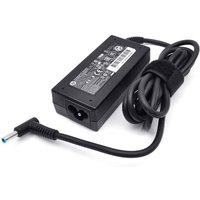Black HP 45W AC Adapter with EU plug, rectangular shape, attached cable with blue-tipped connector, and Velcro strap.