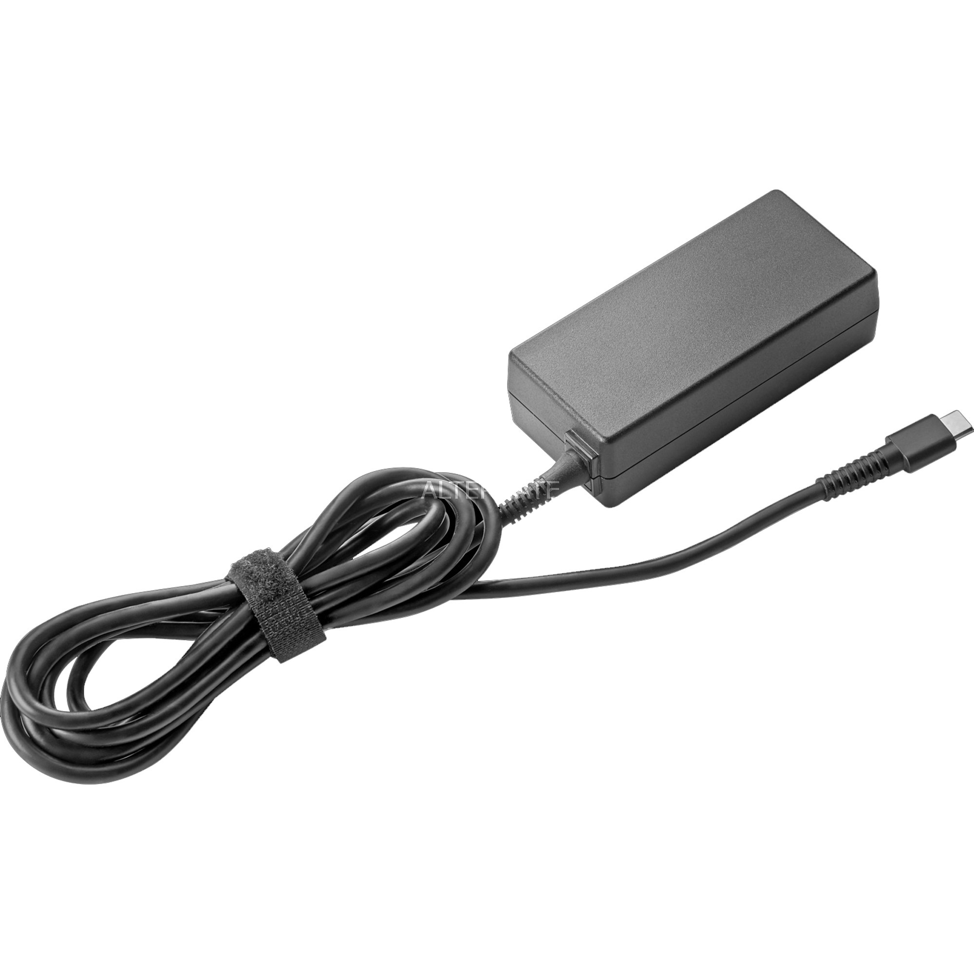 Black HP 45W USB-C AC adapter with a rectangular design and a long, flexible cable, featuring a USB-C connector for charging devices.