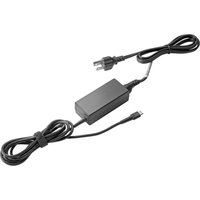 Black HP 45W USB-C LC Power Adapter with detachable cable and standard plug, compact rectangular design.