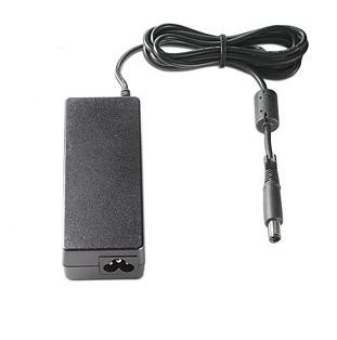 Black HP power adapter with a textured surface, featuring a 150 W capacity, a long cable, and a cylindrical connector at the end.
