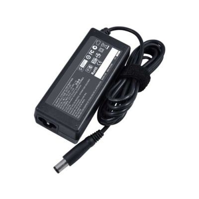 Black HP 65W AC power adapter with a rectangular design, featuring a textured surface, a power cord, and a connector tip for laptops.