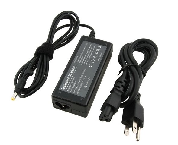 Black HP 65W power adapter with a rectangular body, featuring a power input port, two cables—one for AC connection and another for device connection—secured with a Velcro strap.