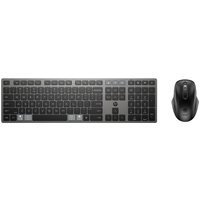 Black and silver HP 720 wireless keyboard with numeric keypad and matching ergonomic mouse.