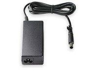 Black HP 90W power adapter with a rectangular body, featuring a power connector at one end and a long, flexible cable for easy use.