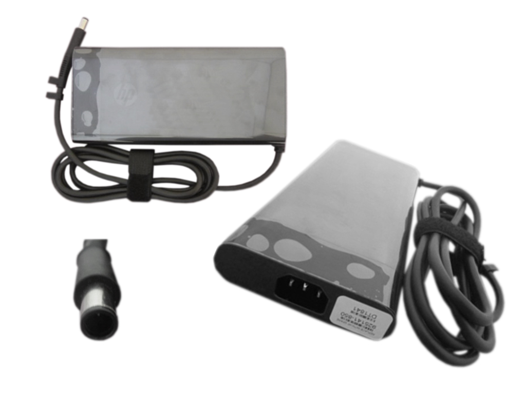 Black HP 925141-850 power adapter with a glossy finish, featuring a cable and connector, designed for indoor use with a power output of 230 W.