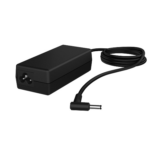 Black HP AC 90W power adapter with a rectangular body, featuring a three-prong input and a right-angled output connector cable.