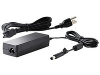 Black HP Desktop Mini 65w power supply kit featuring a rectangular power adapter, a three-prong plug, and a connecting cable for the device.