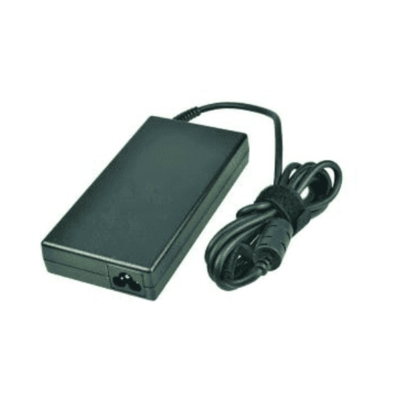 Black HP L41856-001 power adapter with a rectangular design, featuring a power input port and a coiled cable for easy organization, suitable for indoor use with 120 W output.
