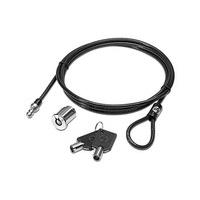 HP Master Keyed Docking Station Cable Lock features a durable black cable, a silver lock mechanism, and a key for secure attachment to devices.