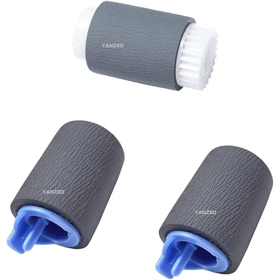 Gray and blue HP Min Frame pickup rollers, featuring textured surfaces and a cylindrical shape, designed for efficient paper feeding in printers.
