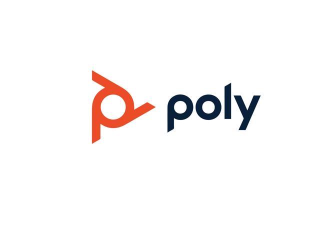 HP Poly TC10 Table Stand features a sleek design with a sturdy black base, complemented by an orange and navy blue logo, ideal for secure placement of video conferencing equipment.