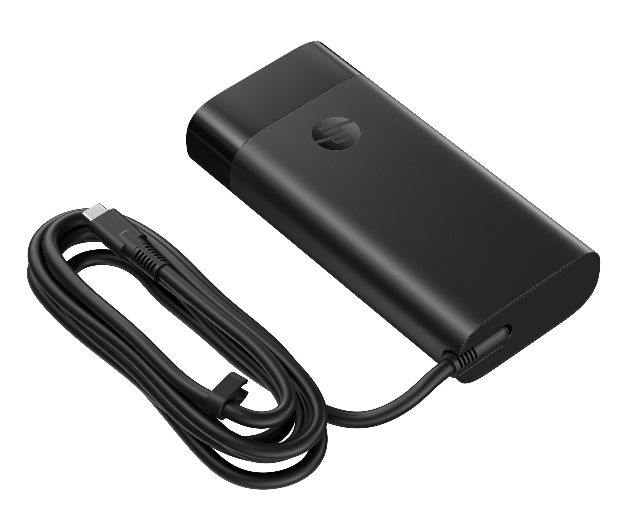 Black HP USB-C 140W laptop charger with a sleek design, featuring a rounded rectangular shape and a long black cable for connectivity.