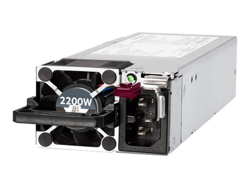 HPE 1800W-2200W Flex Slot Titanium Hot Plug Power Supply Kit featuring a metallic gray casing, a cooling fan, and a power connector, marked with a green LED indicator.