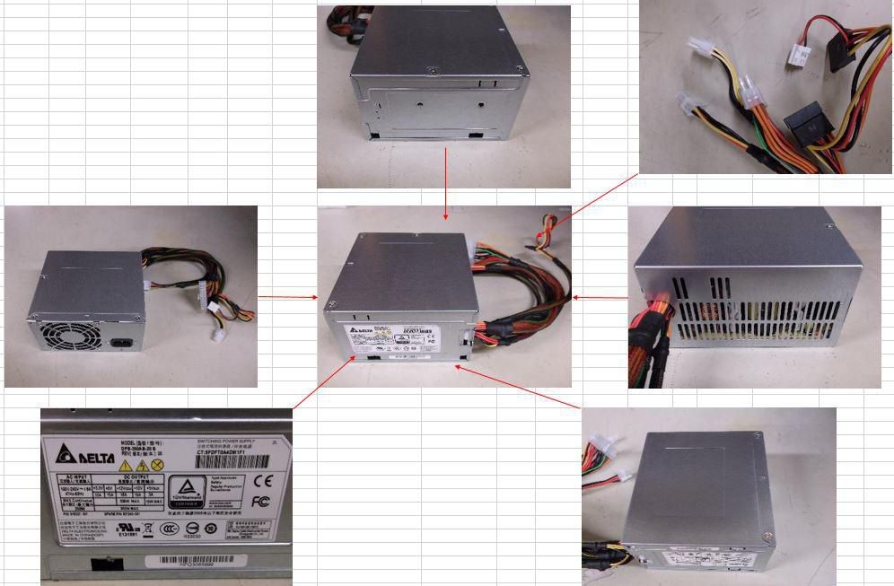 HPE 350W non-hot-plug power supply unit with a silver metal casing, featuring multiple colored cables and connectors, and labeled with technical specifications on the back.