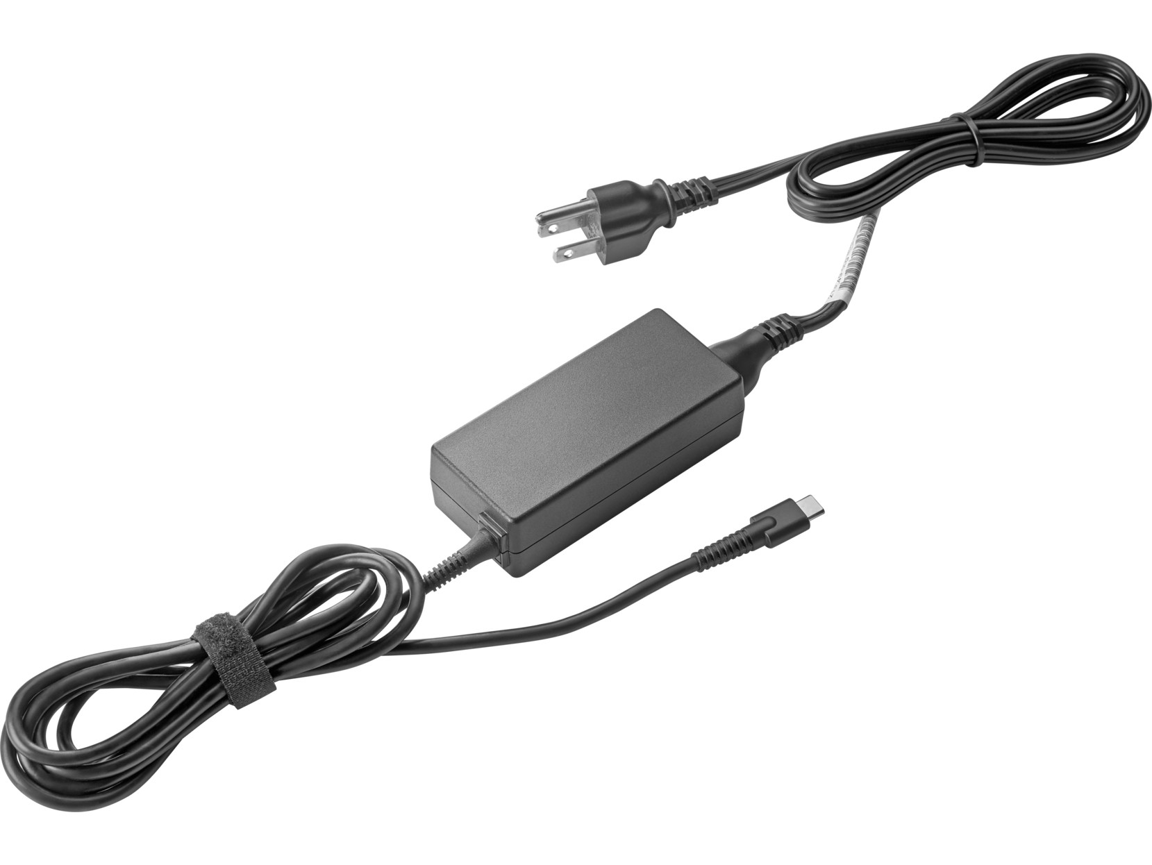 Black HPE 45W USB-C power adapter with a rectangular body, featuring a power plug and a USB-C cable, designed for indoor use.