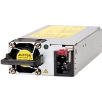 Rectangular HPE Aruba power supply unit with cooling fan, yellow label, and red switch.