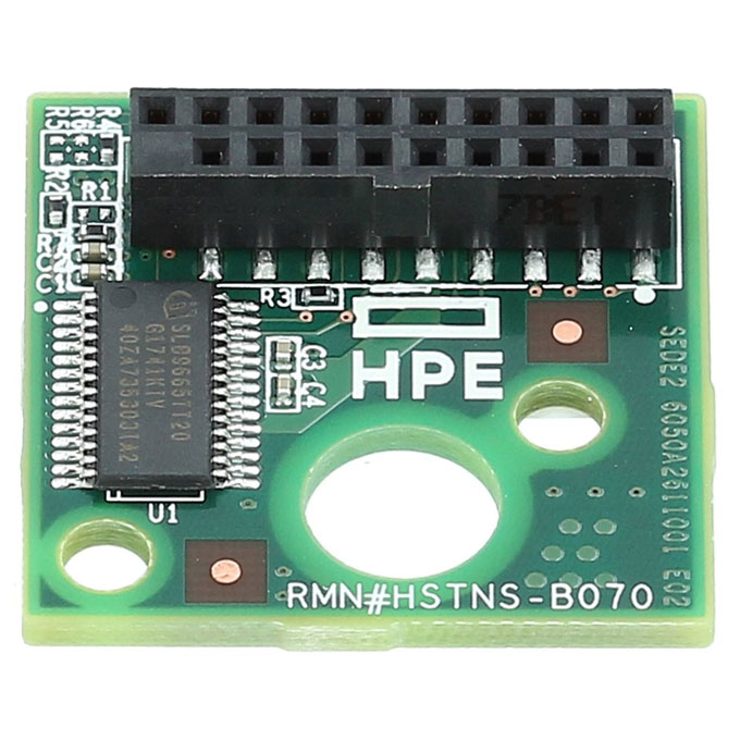 Green circuit board with HPE branding, featuring a black connector with multiple pins, and a small chip component, designed for secure hardware-based TPM 2.0 functionality.