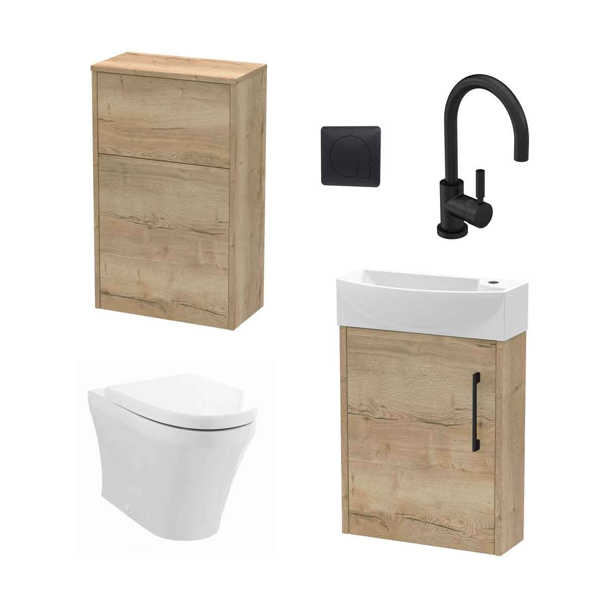 Wall-hung WC and tap set featuring autumn oak finish, sleek white basin, modern black faucet, and minimalist design, ideal for contemporary bathrooms.