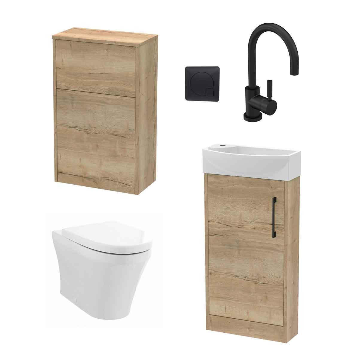 Floor-standing bathroom unit in autumn oak finish, featuring a white sink with sleek black tap, modern toilet, and minimalist design with two storage drawers.