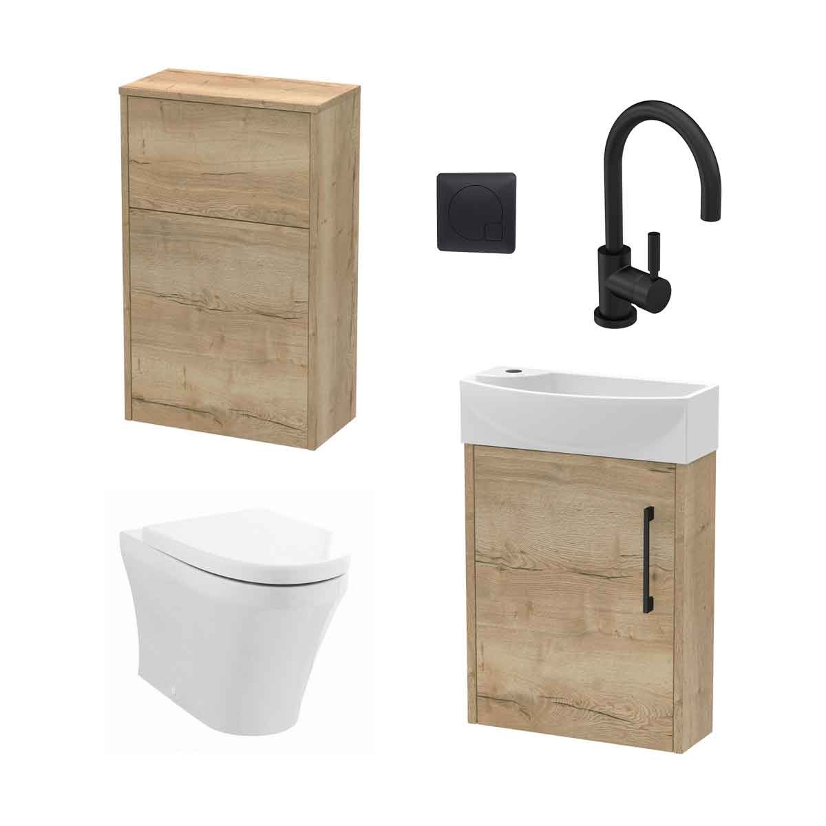 Wall-hung toilet and sink unit in autumn oak finish, featuring a sleek white basin, black tap, and minimalist design with two storage drawers.