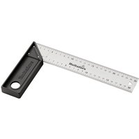 Black and silver Hultafors 25cm lightweight square with a metal ruler and black handle.