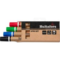 Hultafors HPM 4 Piece Permanent Marker Set with red, green, blue, and black markers in a brown cardboard sleeve.
