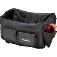 Black Hultafors tool bucket organiser overlay with multiple pockets, red stitching, and orange handle loop.