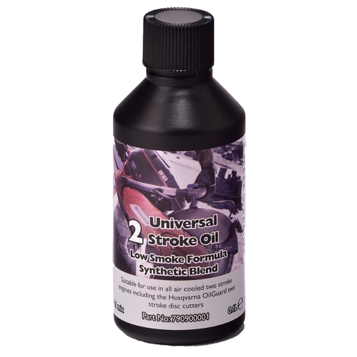 Black plastic bottle with a screw cap, labeled "Husqvarna Super 2 Stroke Oil," featuring a purple and white design, 100ml capacity, and details about low smoke formula and synthetic blend.