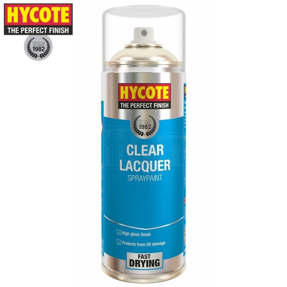 Clear aerosol spray can with a shiny silver and blue design, labeled "Hycote Clear Lacquer Spray Paint," featuring fast-drying and high gloss coating details.