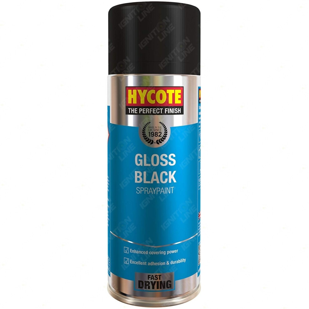 Gloss black aerosol spray paint can with a blue label, featuring "Hycote" branding, highlighting fast drying, enhanced covering power, and suitable for multi-purpose use.