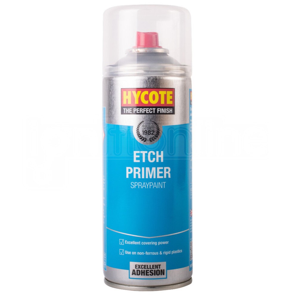 Hycote Etch Primer 400ml spray can featuring a silver body, red cap, and blue label highlighting excellent adhesion and covering power for non-ferrous and rigid plastics.
