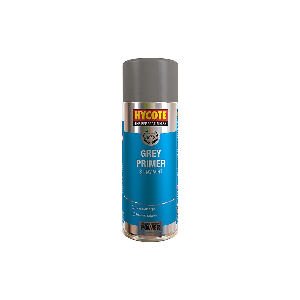 Hycote GREY PRIMER spray paint can, featuring a grey cap and a blue label with black and white text, designed for multi-purpose use in car and hobby crafts, 400 ml size.