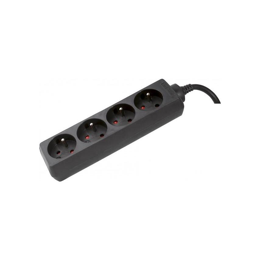 Black power extension cord with four AC outlets, featuring a sturdy plastic body and a 4-meter cable for indoor use.