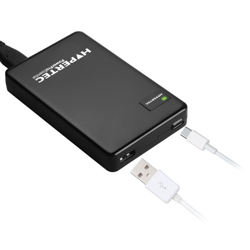 Black Hypertec USB Type-C power supply with a sleek design, featuring a green LED indicator, USB ports, and a white USB Type-C cable connected.