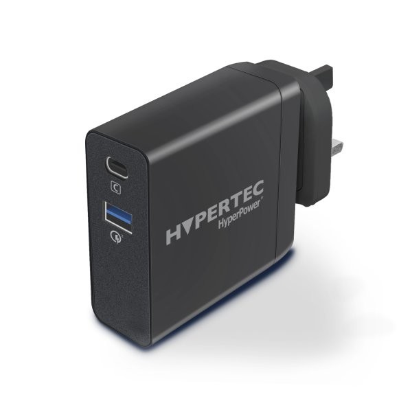 Compact black charger with a glossy finish, featuring a USB-C port and a USB-A port, labeled "HYPERTEC HyperPower 100W," with a foldable plug for easy portability.