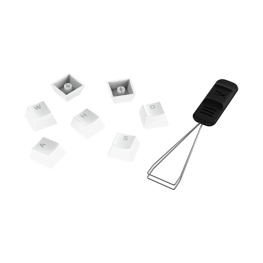 White PBT keycaps for a keyboard, featuring a smooth finish and a durable design, accompanied by a black keycap puller for easy installation.