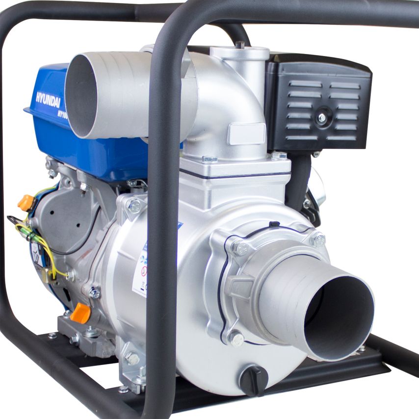 Hyundai 389cc petrol water pump with a blue engine casing, silver metallic body, and a 4"/100mm outlet, featuring a sturdy black frame and control panel.