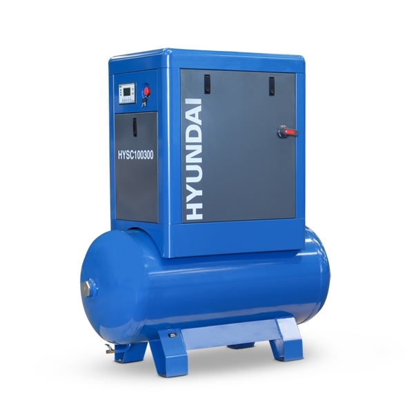 Blue Hyundai screw compressor with a 300-litre tank, featuring a control panel, sturdy base, and model number HYSC100300 prominently displayed.
