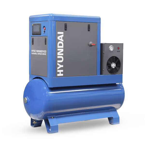 Hyundai 10hp air compressor in blue and gray, featuring a large cylindrical tank, control panel with digital display, and variable speed drive for efficient operation.