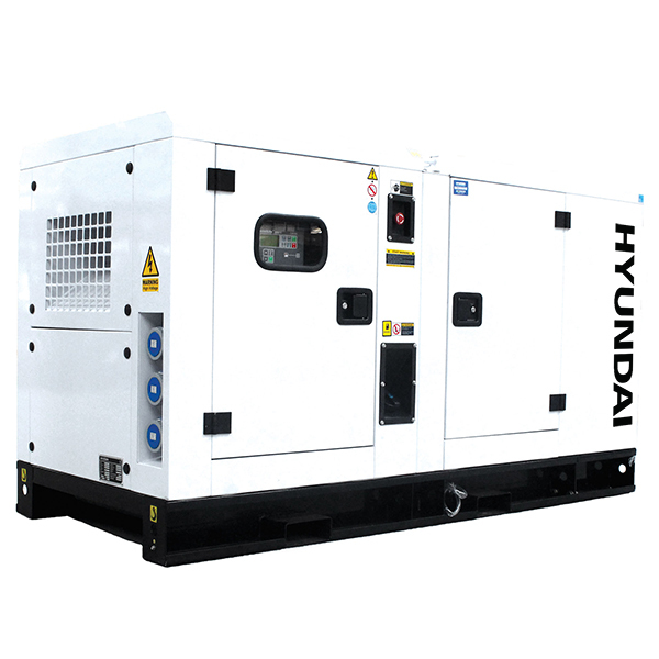White Hyundai diesel generator with a three-phase design, featuring a digital control panel, safety warning labels, and a robust black base for stability.