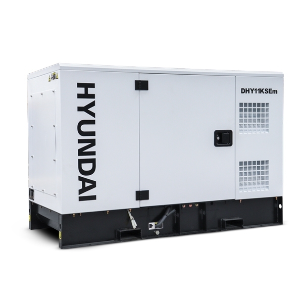 White Hyundai diesel generator model DHY11KSEm with a sturdy black base, featuring ventilation grilles and a side access door.